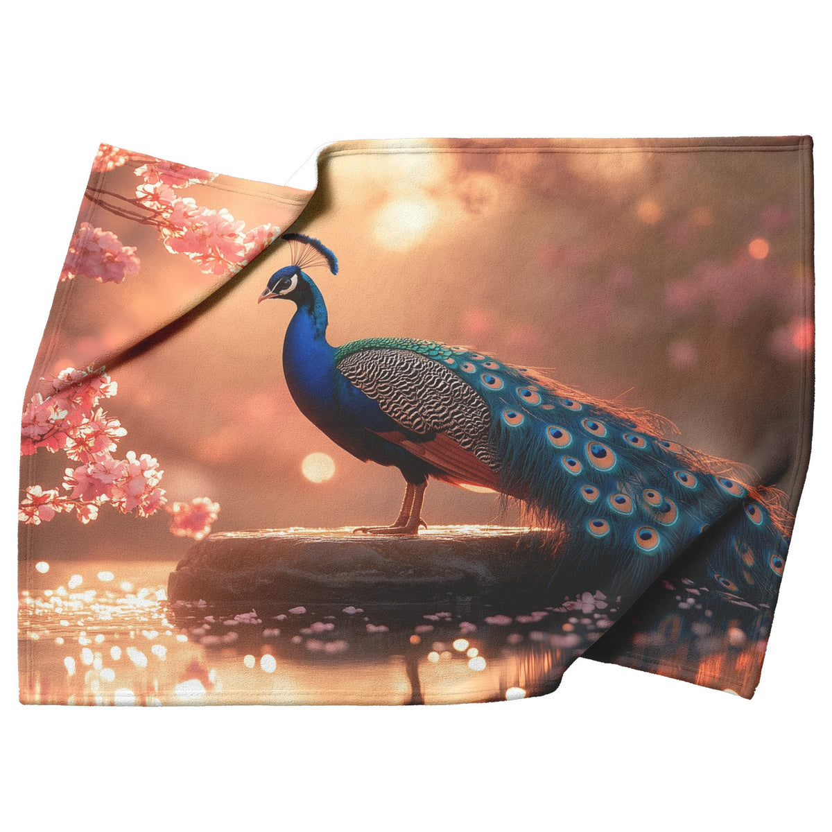 Peacock on Glowing Stone Fountain Surrounded by Pink Cherry Blossoms and Shimmering Water in Golden Light Blanket - Awakening Righteousness