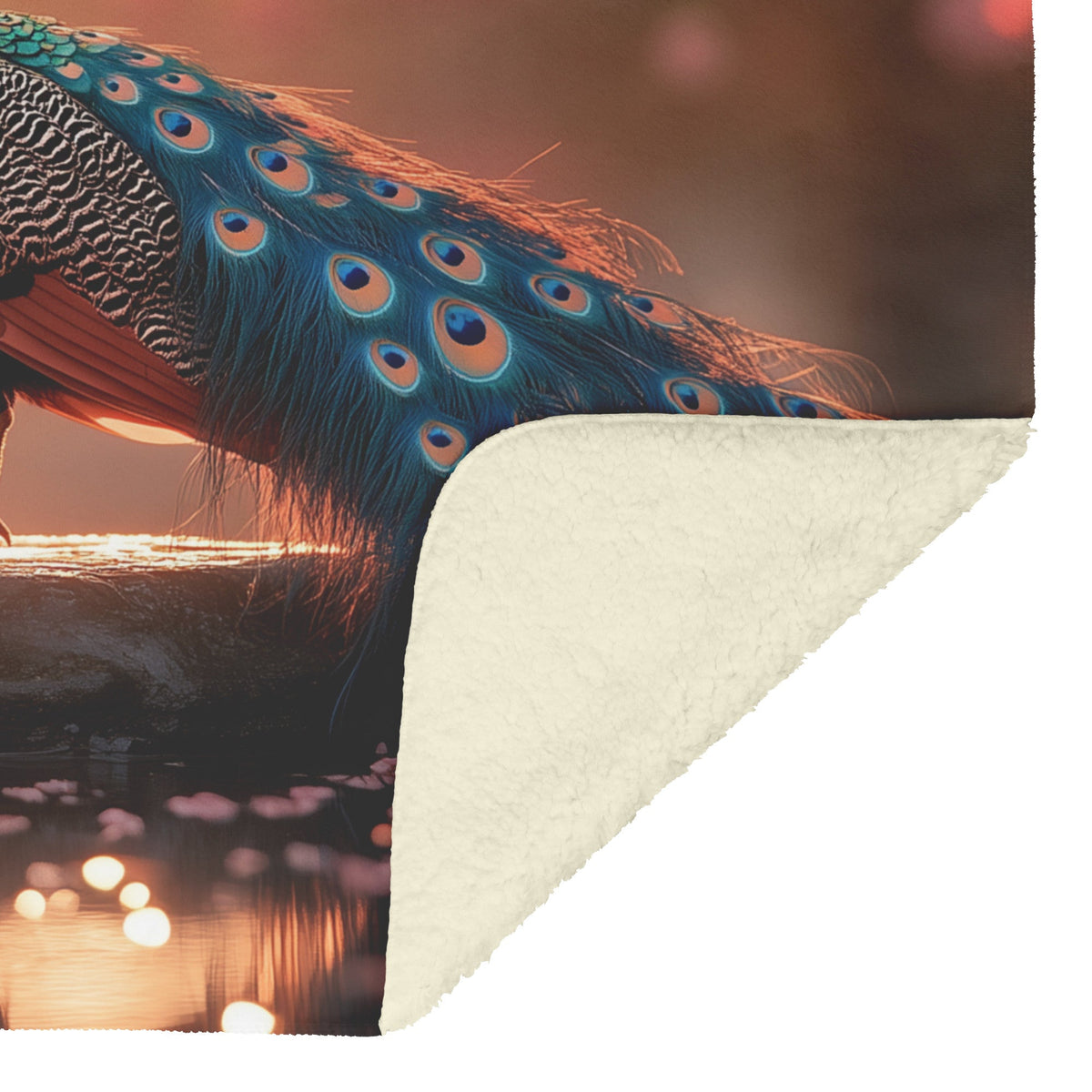 Peacock on Glowing Stone Fountain Surrounded by Pink Cherry Blossoms and Shimmering Water in Golden Light Blanket - Awakening Righteousness