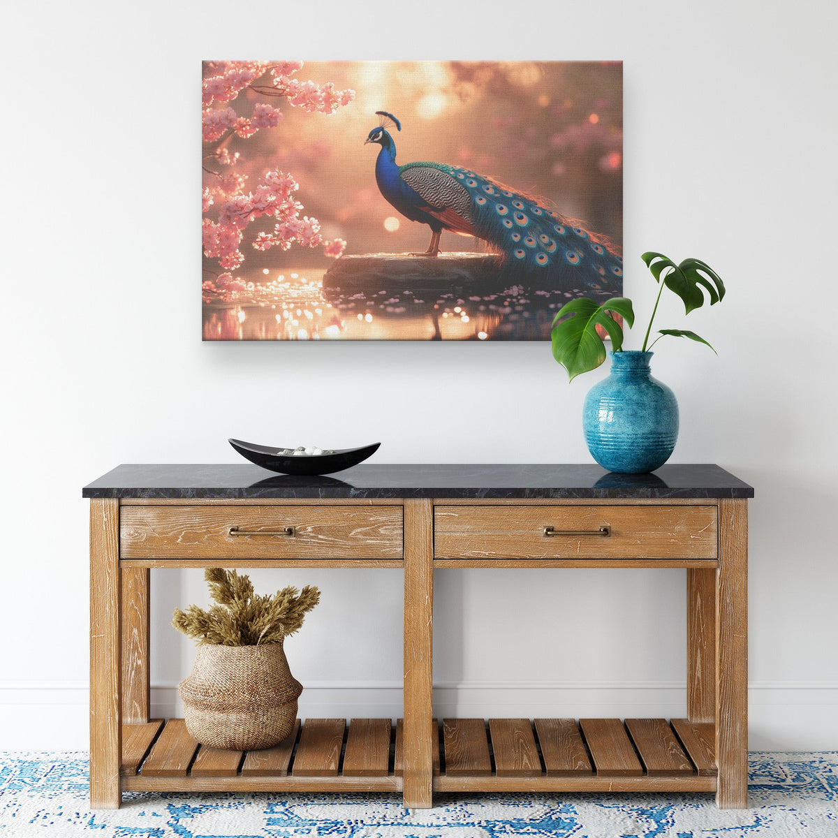 Peacock Perched on Glowing Stone Fountain Surrounded by Vibrant Pink Cherry Blossoms and Shimmering Water Canvas Wall Art - Awakening Righteousness