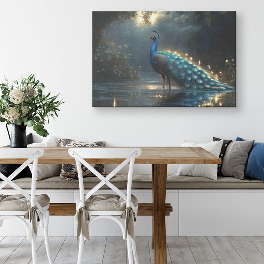 Peacock with Glowing Iridescent Feathers by Crystal Clear Pond Reflecting Under Twilight Sky Canvas Wall Art - Awakening Righteousness