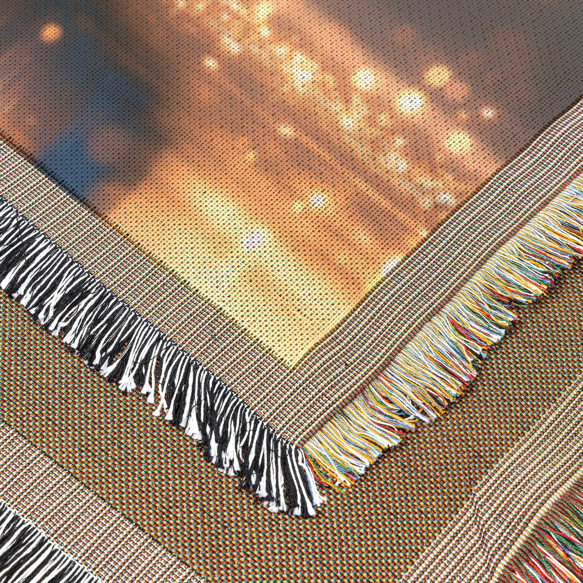 Peacock with Glowing Iridescent Feathers by Crystal Clear Pond Reflection Shimmering Under Twilight Sky Woven Throw Blanket - Awakening Righteousness