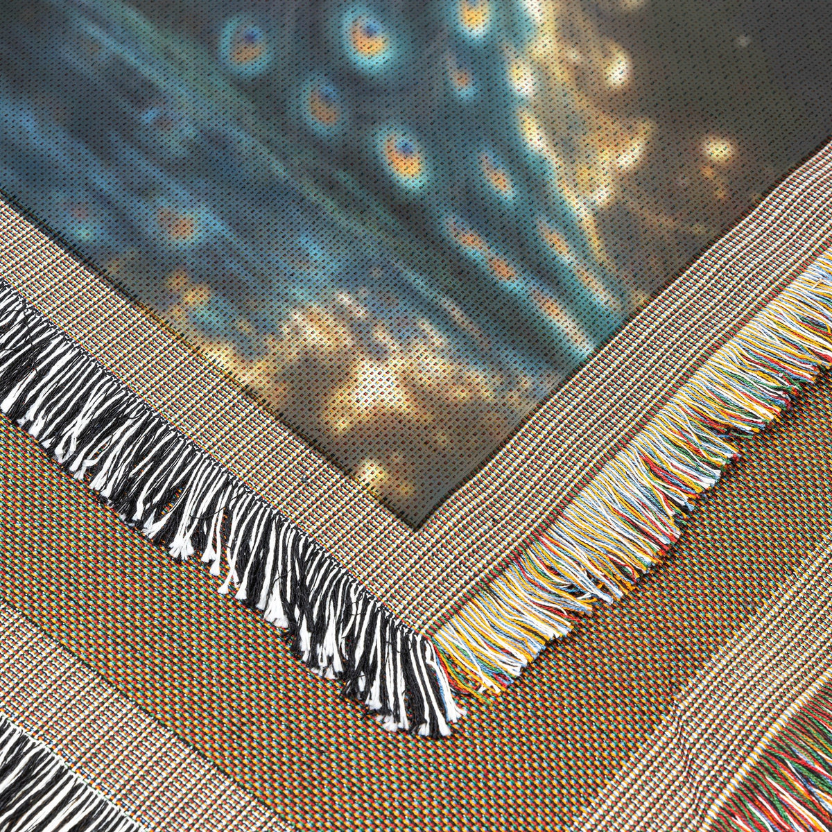 Peacock with Glowing Iridescent Feathers by Crystal Clear Pond Reflection Shimmering Under Twilight Sky Woven Throw Blanket - Awakening Righteousness