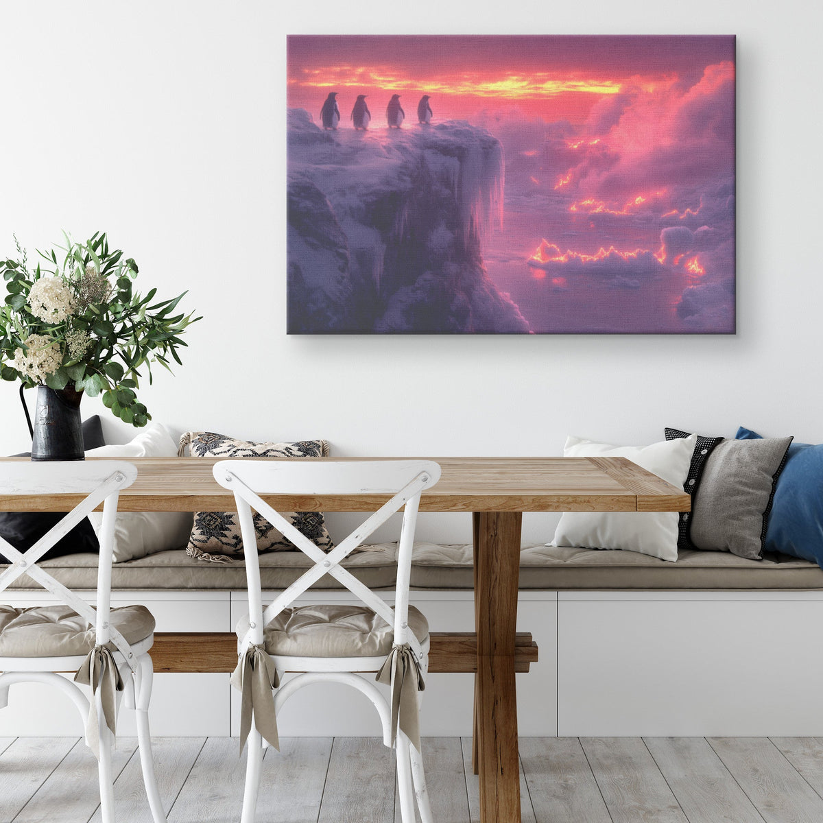 Penguin Colony on Arctic Cliff Glowing Crystal Ice Rich Natural Scenery Canvas Wall Art Decor - Awakening Righteousness
