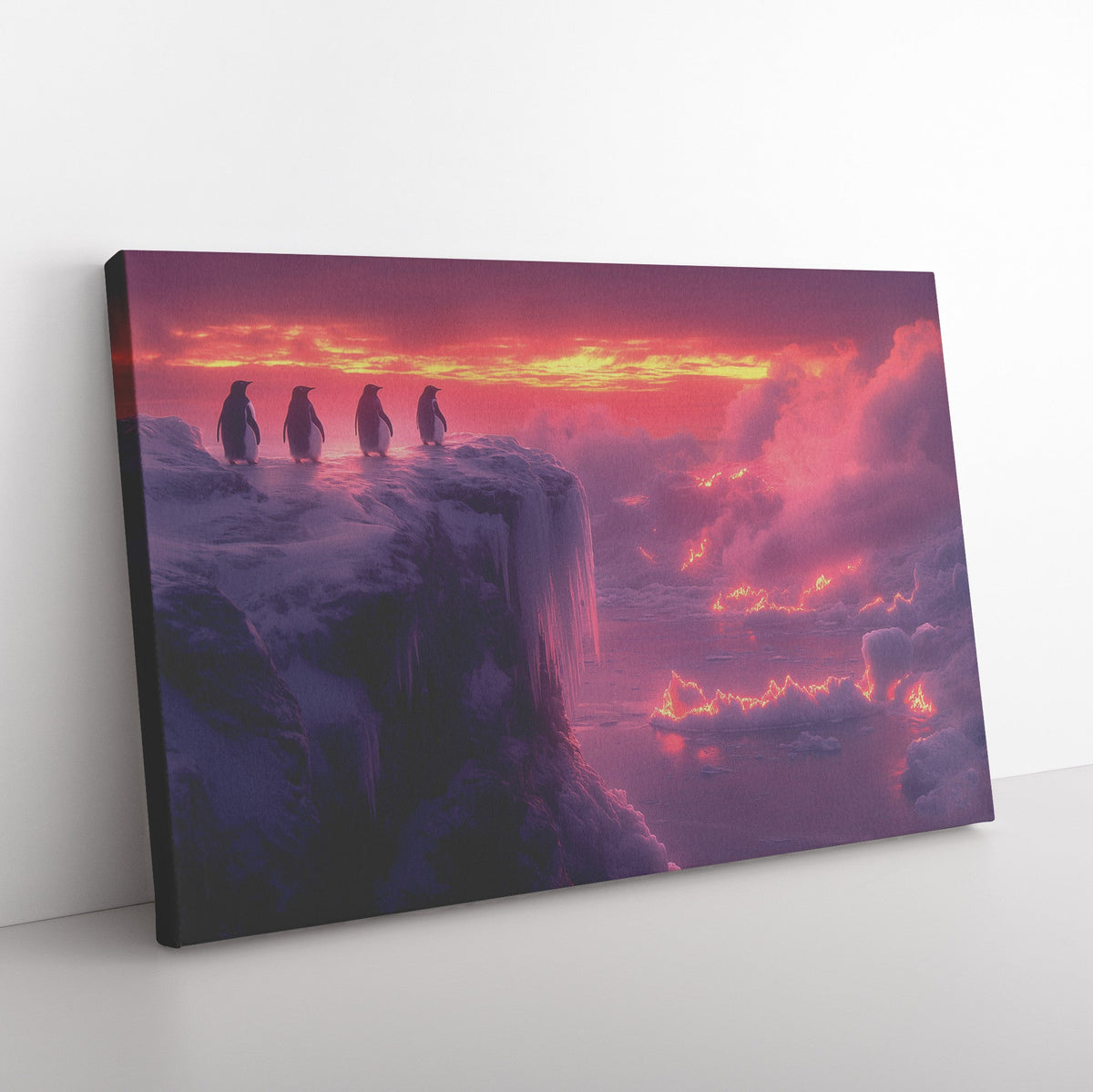 Penguin Colony on Arctic Cliff Glowing Crystal Ice Rich Natural Scenery Canvas Wall Art Decor - Awakening Righteousness