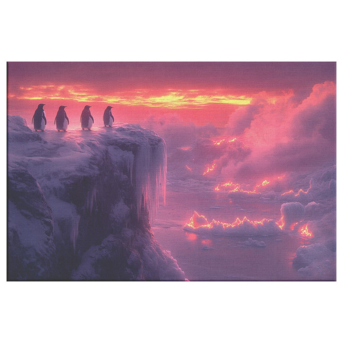 Penguin Colony on Arctic Cliff Glowing Crystal Ice Rich Natural Scenery Canvas Wall Art Decor - Awakening Righteousness