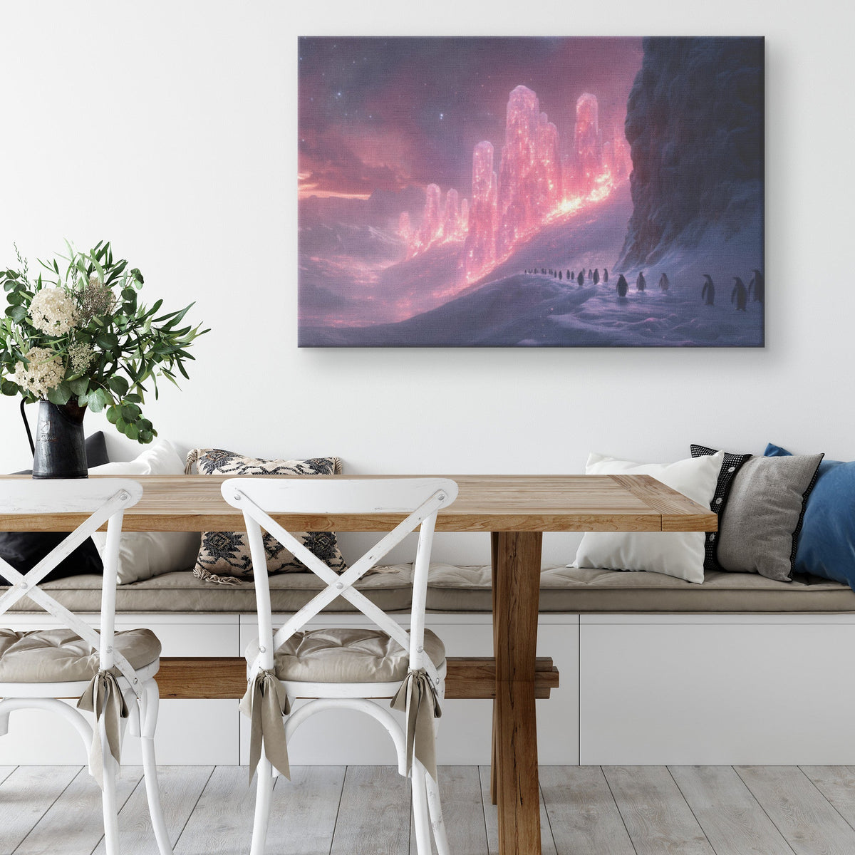 Penguin Colony on Arctic Cliff Glowing Crystal Ice Rich Natural Scenery Canvas Wall Art for Nature Lovers - Awakening Righteousness