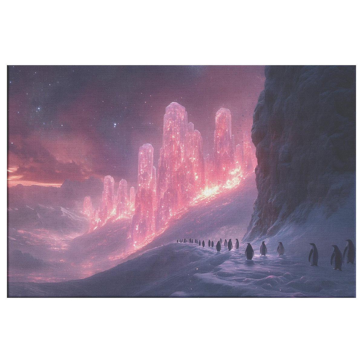 Penguin Colony on Arctic Cliff Glowing Crystal Ice Rich Natural Scenery Canvas Wall Art for Nature Lovers - Awakening Righteousness