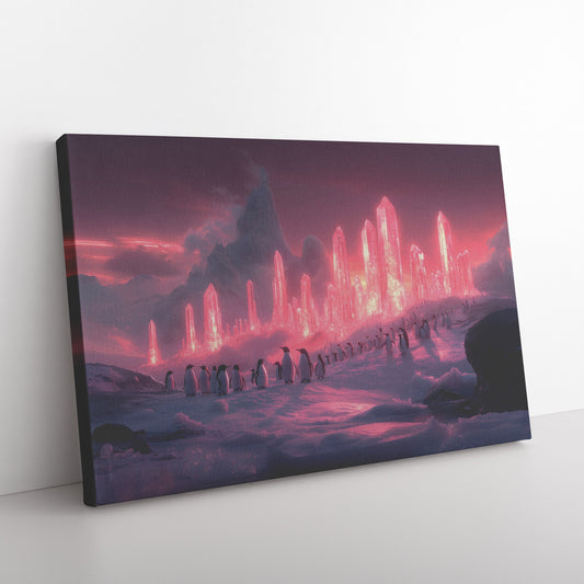 Penguin Colony on Arctic Cliff Glowing Crystal Ice Rich Natural Scenery Canvas Wall Art Wildlife Decor - Awakening Righteousness
