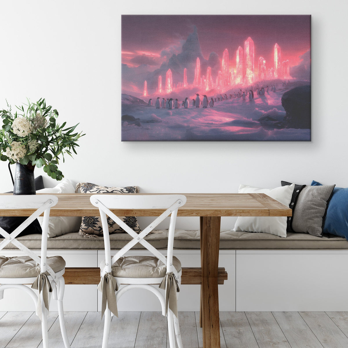 Penguin Colony on Arctic Cliff Glowing Crystal Ice Rich Natural Scenery Canvas Wall Art Wildlife Decor - Awakening Righteousness