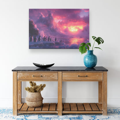 Penguin Colony on Arctic Cliff Surrounded by Glowing Crystal Ice Rich Natural Scenery Canvas Wall Art Decor - Awakening Righteousness