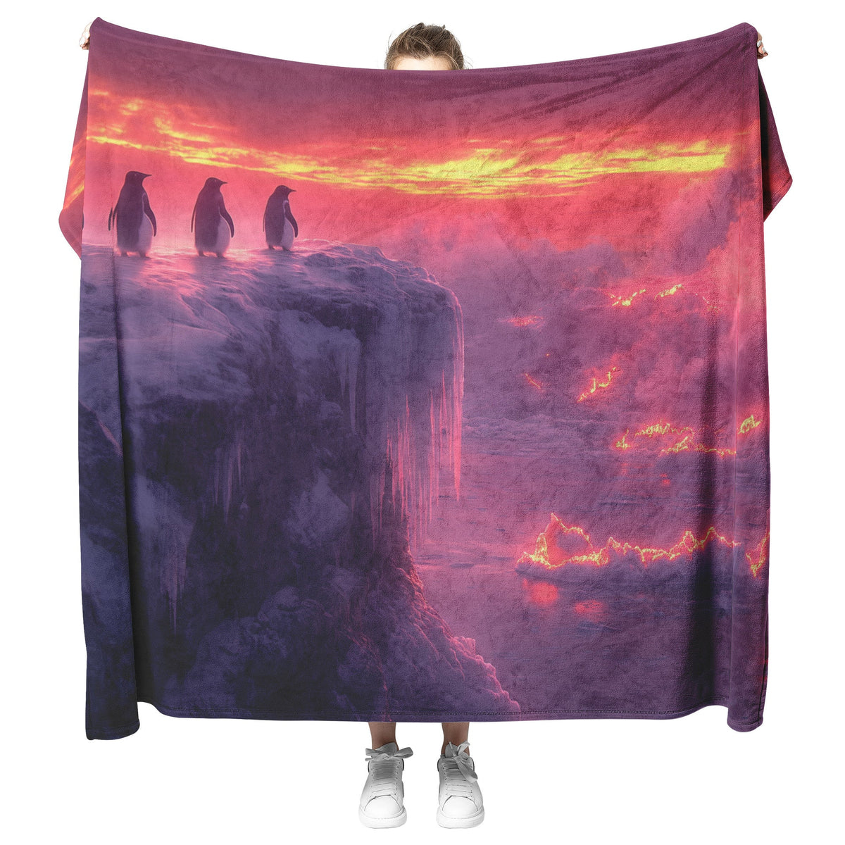 Penguin Colony on Arctic Cliff with Glowing Crystal Ice Formations and Rich Natural Scenery Fleece Sherpa Blanket - Awakening Righteousness