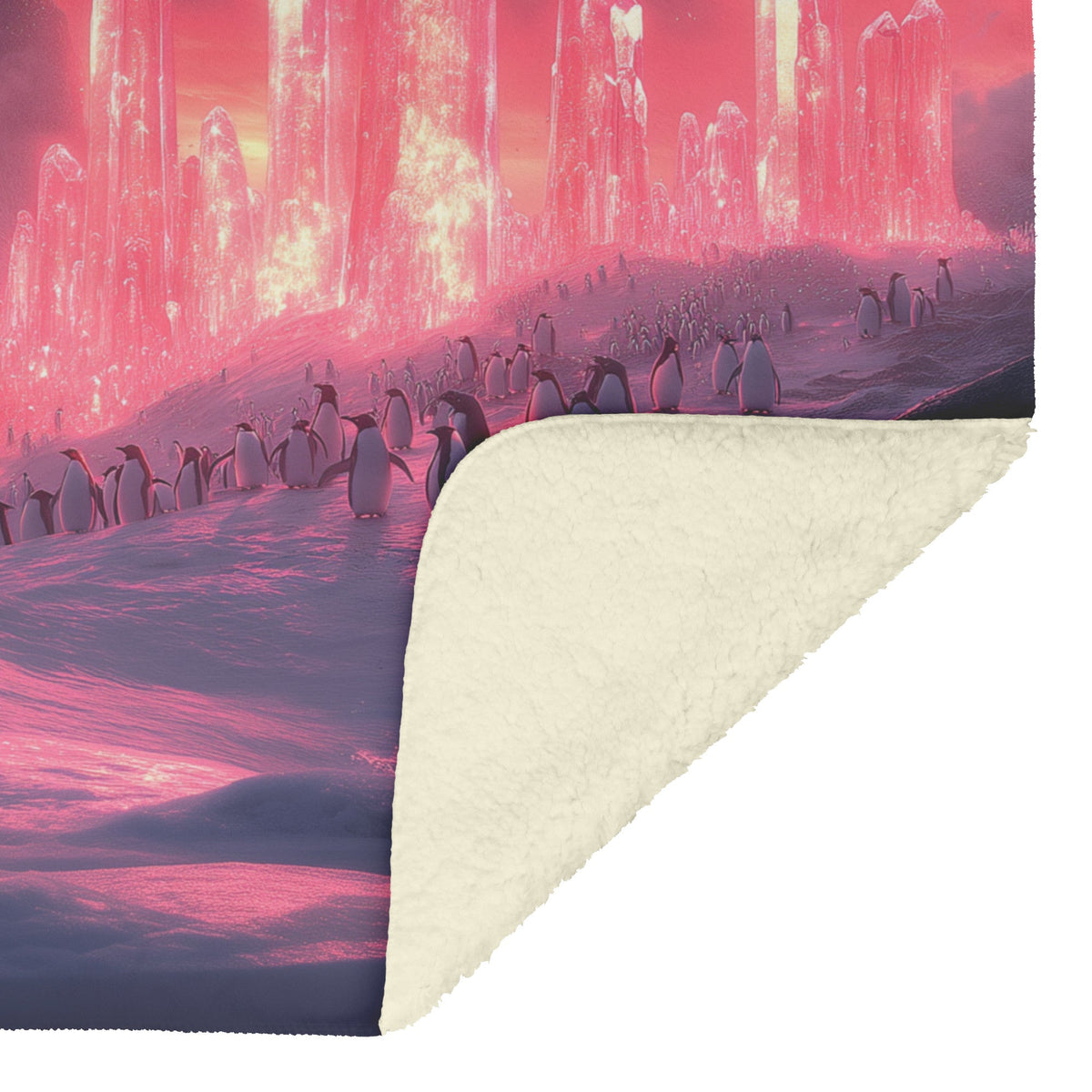 Penguin Colony on Arctic Cliff with Glowing Crystal Ice Formations and Rich Natural Scenery Fleece Sherpa Blanket - Awakening Righteousness