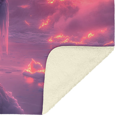 Penguin Colony on Arctic Cliff with Glowing Crystal Ice Formations and Rich Natural Scenery Fleece Sherpa Blanket - Awakening Righteousness