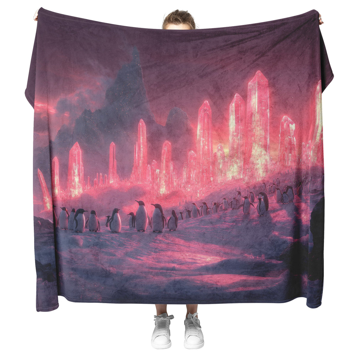 Penguin Colony on Arctic Cliff with Glowing Crystal Ice Formations and Rich Natural Scenery Fleece Sherpa Blanket - Awakening Righteousness