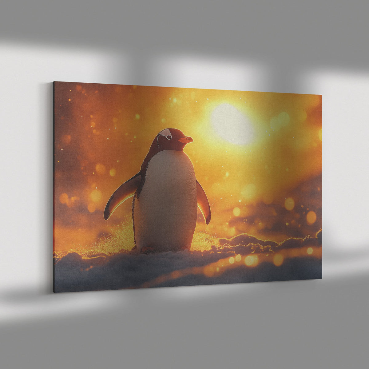 Penguin Walking Across Snowy Landscape Glowing Mist Golden Sunlight Canvas Wall Art Decor - Awakening Righteousness