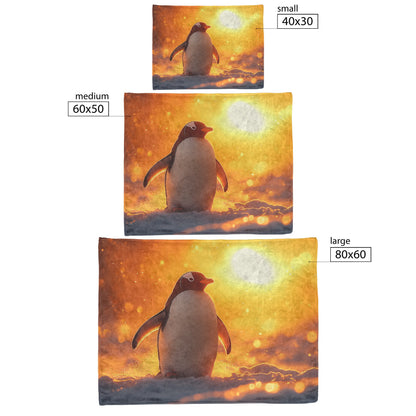 Penguin Walking Across Snowy Landscape Surrounded by Glowing Mist and Soft Golden Sunlight Fleece Sherpa Blanket - Awakening Righteousness