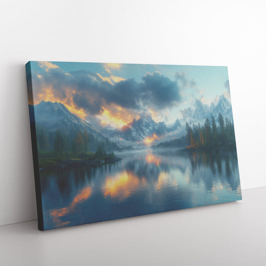 Perfect Glowing Rainbow Reflected in Mountain Lake Snowy Peaks Misty Clouds Golden Light Canvas Wall Art - Awakening Righteousness