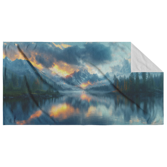 Perfect Glowing Rainbow Reflected in Serene Mountain Lake Beach Towel Snowy Peaks Misty Clouds Radiant Golden Light - Awakening Righteousness