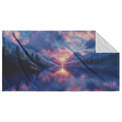 Perfect Glowing Rainbow Reflected in Serene Mountain Lake Beach Towel Snowy Peaks Misty Clouds Radiant Golden Light - Awakening Righteousness