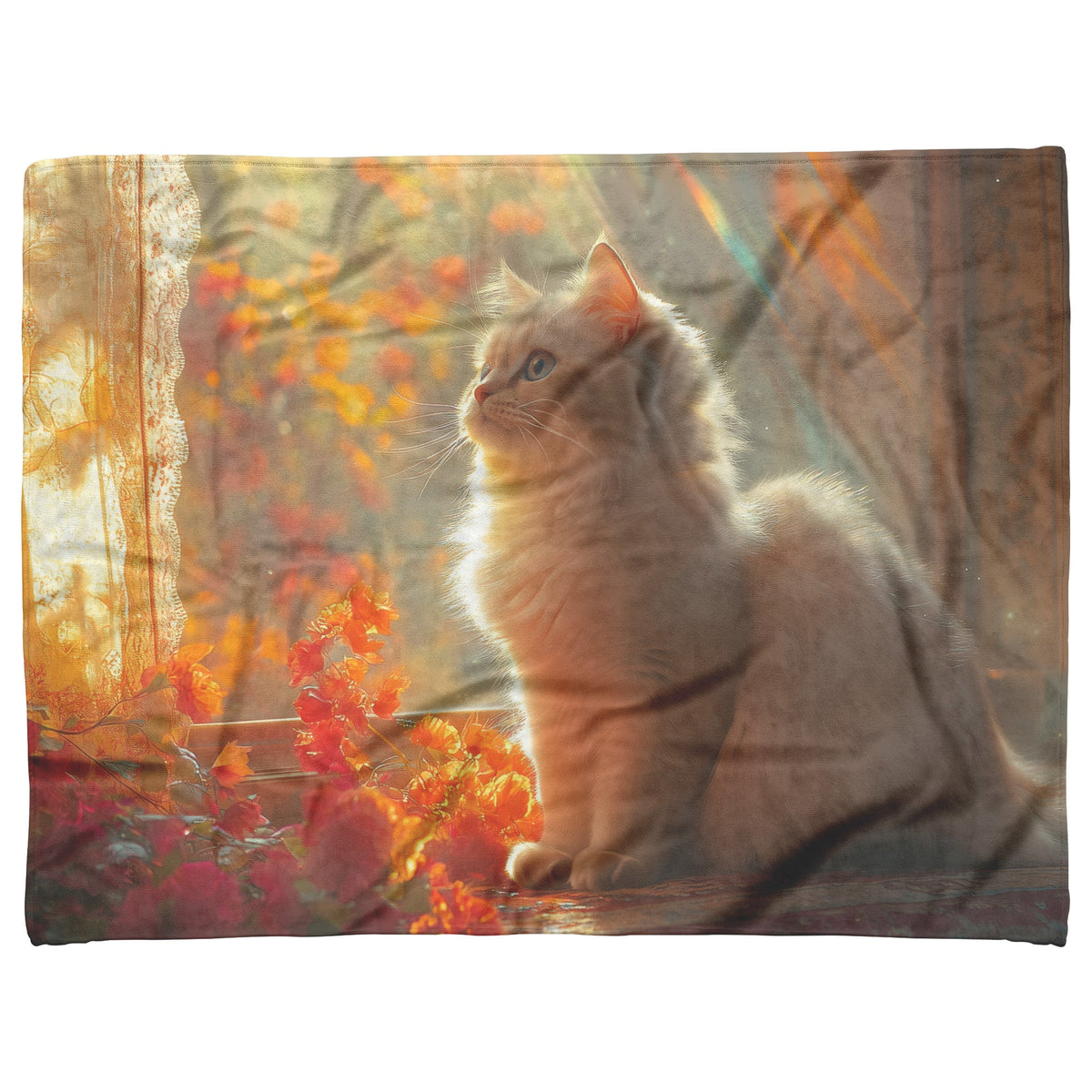 Persian Cat Relaxing in Ornate Sunlit Room Surrounded by Colorful Glowing Drapes Fleece Sherpa Blanket - Awakening Righteousness