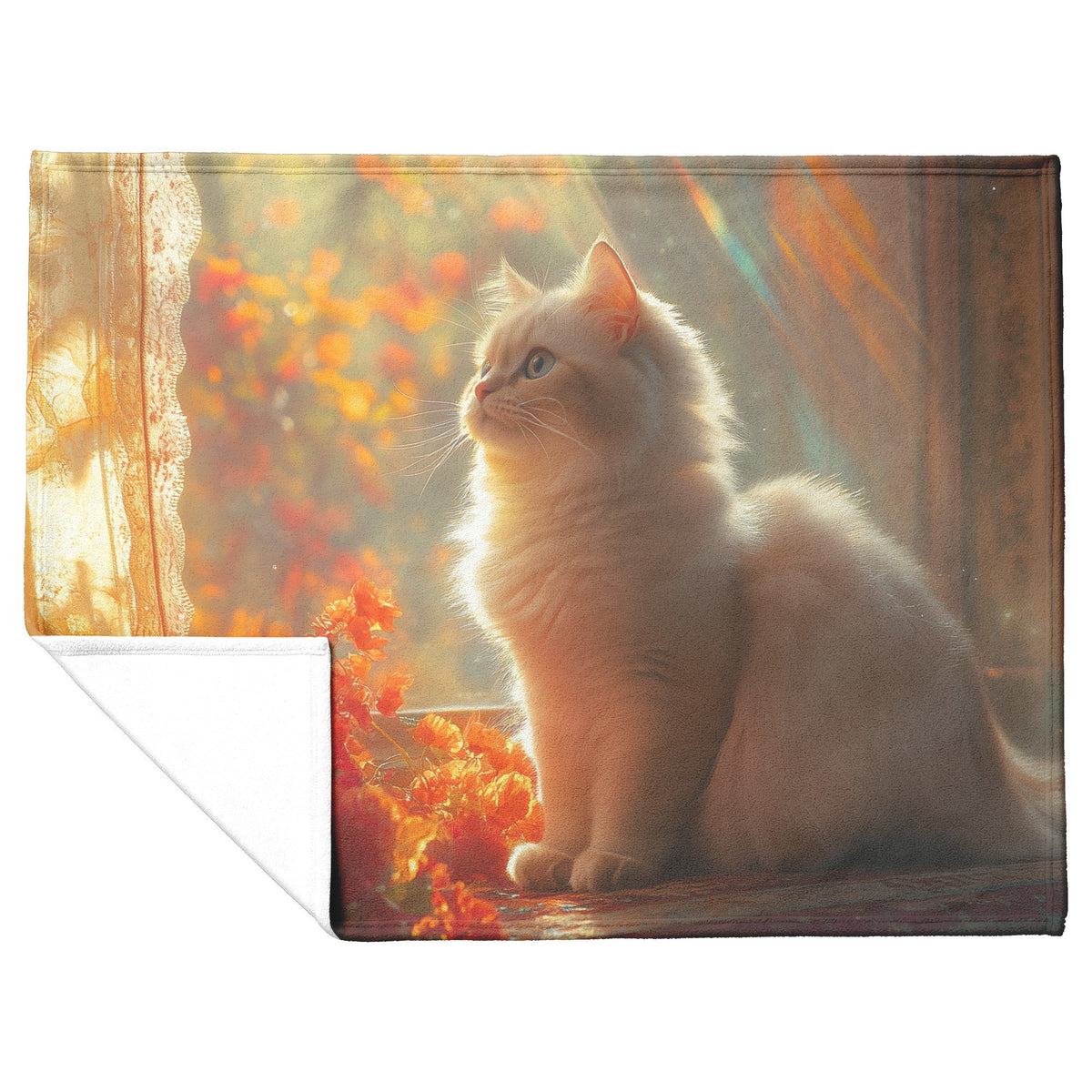 Persian Cat Relaxing in Ornate Sunlit Room Surrounded by Colorful Glowing Drapes Fleece Sherpa Blanket - Awakening Righteousness