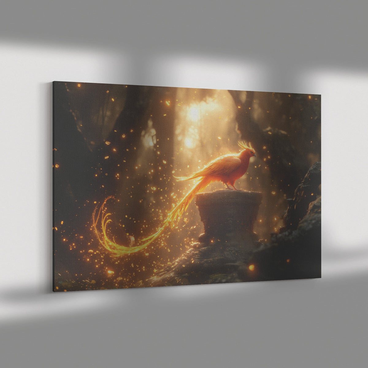 Phoenix Perched on Ornate Stone Altar in Glowing Temple with Magical Golden Flames Canvas Wall Art Decor - Awakening Righteousness