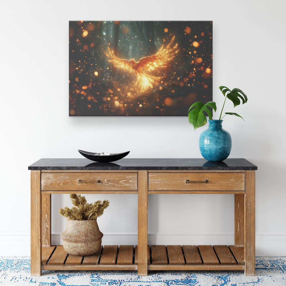 Phoenix Surrounded by Glowing Embers in Dark Magical Forest with Wings Illuminating Golden Light Canvas Wall Art Decor - Awakening Righteousness