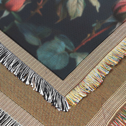 Pink Roses in Full Bloom with Buds and Lush Green Leaves Woven Throw Blanket for Home Decor - Awakening Righteousness