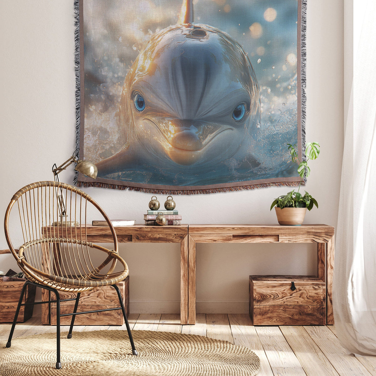 Playful Dolphin with Big Blue Eyes Splashing in Serene Ocean with Other Dolphins Cozy Woven Throw Blanket - Awakening Righteousness