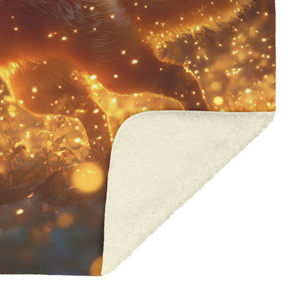 Playful Fox Leaping Through Glowing Firefly Meadow at Twilight on Cozy Fleece Sherpa Blanket for Nature Lovers - Awakening Righteousness