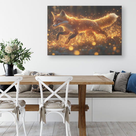 Playful Fox Leaping Through Glowing Meadow with Fireflies Under Twilight Skies Canvas Wall Art Decor - Awakening Righteousness