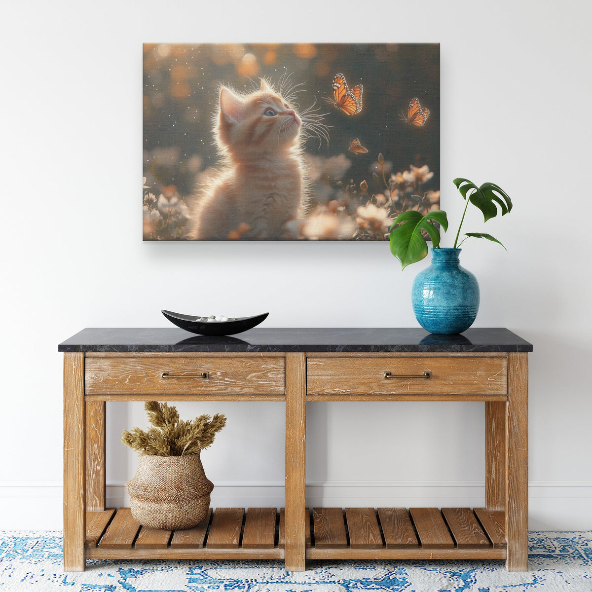 Playful Kitten Canvas Wall Art Decor Chasing Glowing Butterflies in Sunlit Meadow with Blooming Flowers and Magical Scenery - Awakening Righteousness