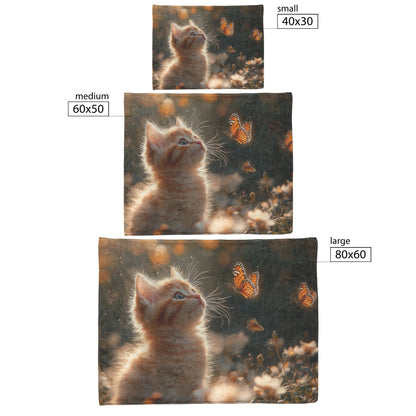 Playful Kitten Chasing Glowing Butterflies in Sunlit Meadow with Blooming Flowers Fleece Sherpa Blanket - Awakening Righteousness