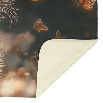 Playful Kitten Chasing Glowing Butterflies in Sunlit Meadow with Blooming Flowers Fleece Sherpa Blanket - Awakening Righteousness