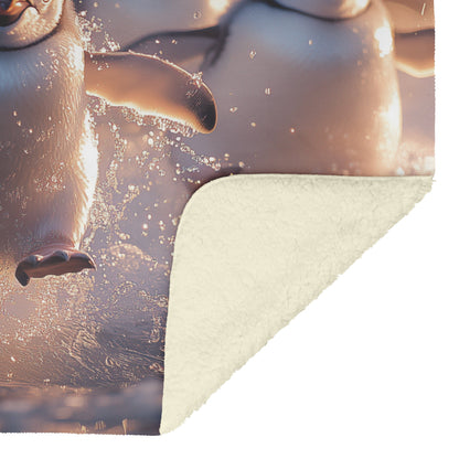 Playful Penguins Jumping into Icy Waters with Sparkling Reflections Fleece Sherpa Blanket Vibrant Winter Scene - Awakening Righteousness