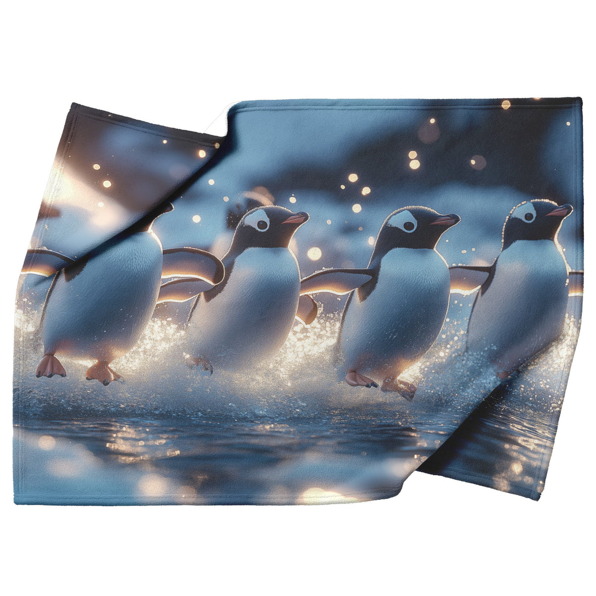 Playful Penguins Jumping into Icy Waters with Sparkling Reflections Fleece Sherpa Blanket Vibrant Winter Scene - Awakening Righteousness