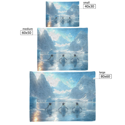 Playful Penguins Sliding Across Ice with Glowing Blue Icebergs Under Soft Sunlight Fleece Sherpa Blanket - Awakening Righteousness