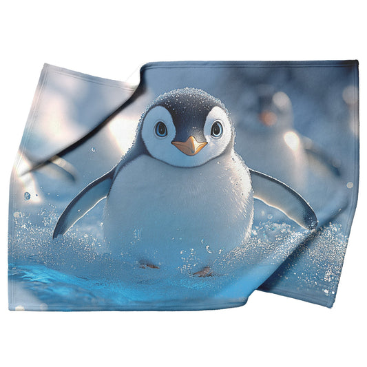 Playful Penguins Sliding Across Ice with Glowing Blue Icebergs Under Soft Sunlight Fleece Sherpa Blanket - Awakening Righteousness