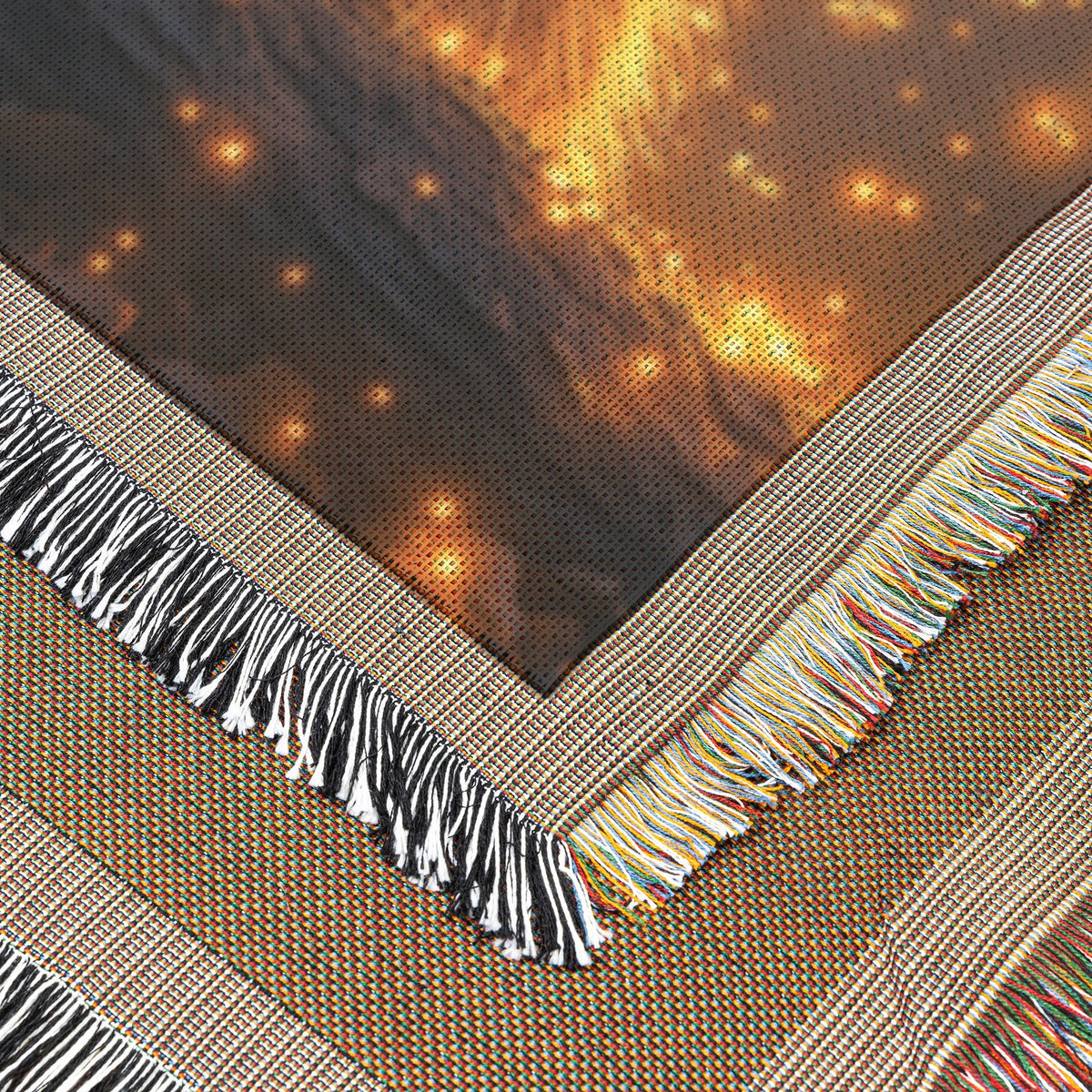 Playful Raccoon on Glowing Forest Log Surrounded by Fireflies and Moonlight Hyper Detailed Fur Woven Throw Blanket - Awakening Righteousness