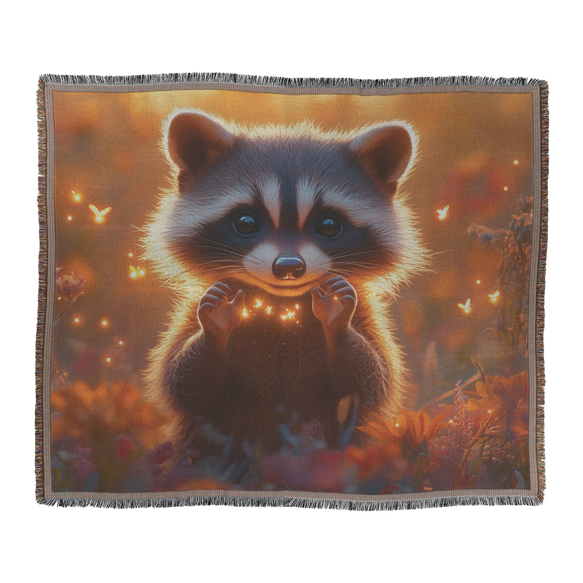Playful Raccoon Reaching for Fireflies in Vibrant Glowing Meadow with Soft Twilight Hues Woven Throw Blanket - Awakening Righteousness