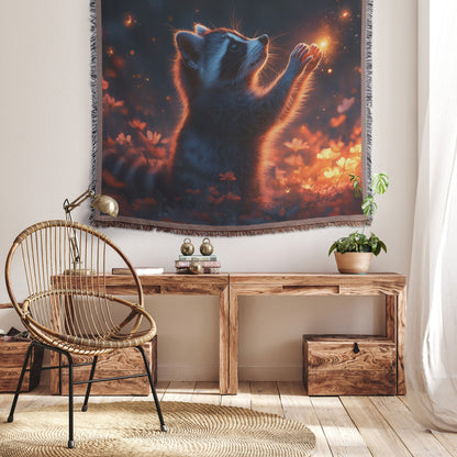 Playful Raccoon Reaching for Fireflies in Vibrant Glowing Meadow with Soft Twilight Hues Woven Throw Blanket - Awakening Righteousness