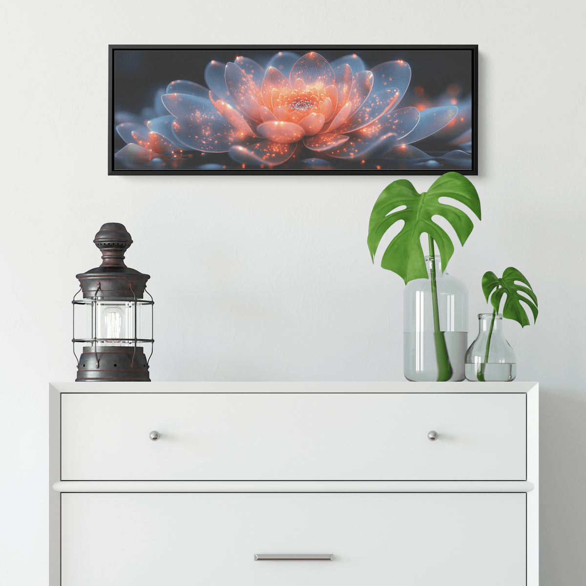 Polygonal Floral Patterns Reflective Glass Petals Glowing Cores Panoramic Framed Canvas Wall Art Decor - Awakening Righteousness