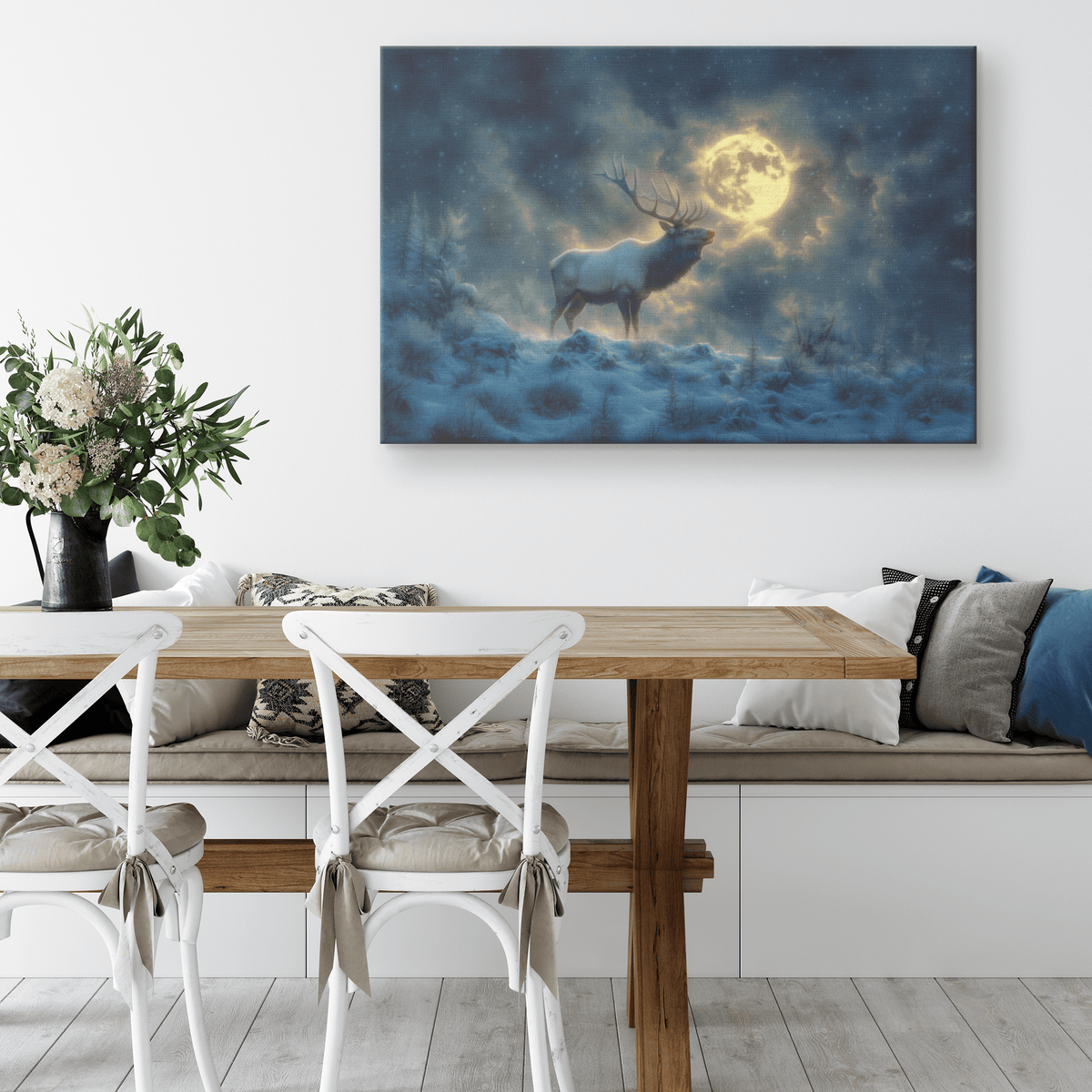 Powerful Elk Roaring On Glowing Snowy Hillside Under Full Moon With Visible Breath Canvas Wall Art Decor - Awakening Righteousness