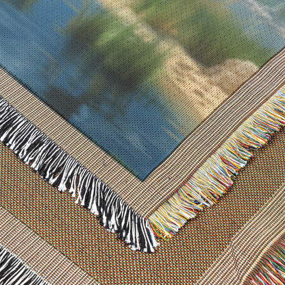 Pyramids and Palm Trees by the River with Clear Blue Sky for Woven Throw Blanket - Awakening Righteousness