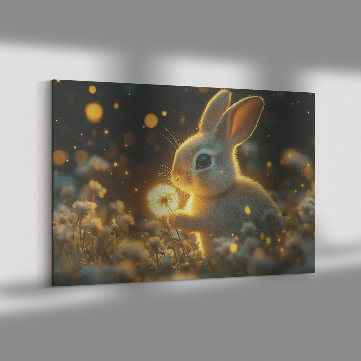 Rabbit Holding Glowing Dandelion in Magical Meadow Under Star Filled Night Sky Canvas Wall Art - Awakening Righteousness