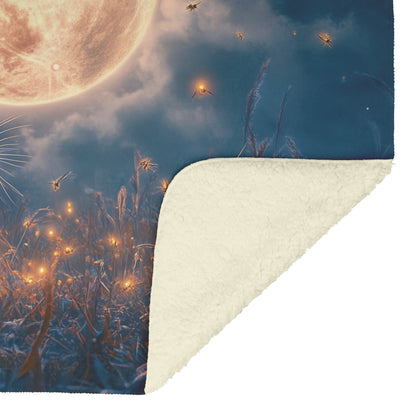 Rabbit Silhouetted Against Glowing Full Moon in Peaceful Meadow with Tall Grass and Fireflies Fleece Sherpa Blanket - Awakening Righteousness