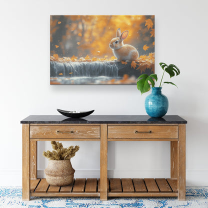 Rabbit Sitting Near Glowing Waterfall Surrounded by Golden Autumn Leaves and Soft Forest Mist Canvas Wall Art - Awakening Righteousness