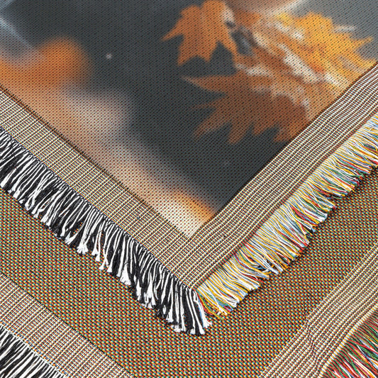 Rabbit Sitting Near Glowing Waterfall Woven Throw Blanket with Golden Autumn Leaves and Soft Forest Mist - Awakening Righteousness