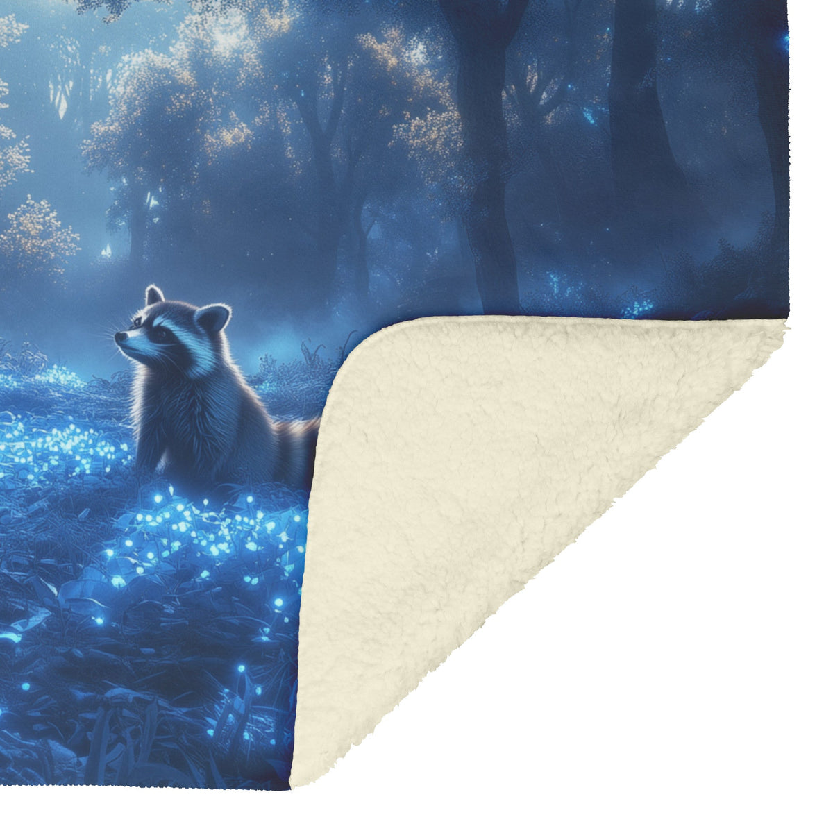 Raccoon Exploring Magical Bioluminescent Forest Twilight Sky Glowing Blue Plants Mist Fleece Sherpa Blanket - Awakening Righteousness