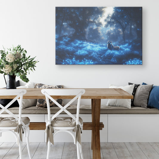 Raccoon in Bioluminescent Forest Twilight Glow with Blue Plants and Mist Canvas Wall Art Decor for Home or Office - Awakening Righteousness